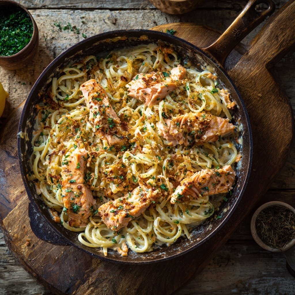 Baked Lemon Miso Salmon Pasta