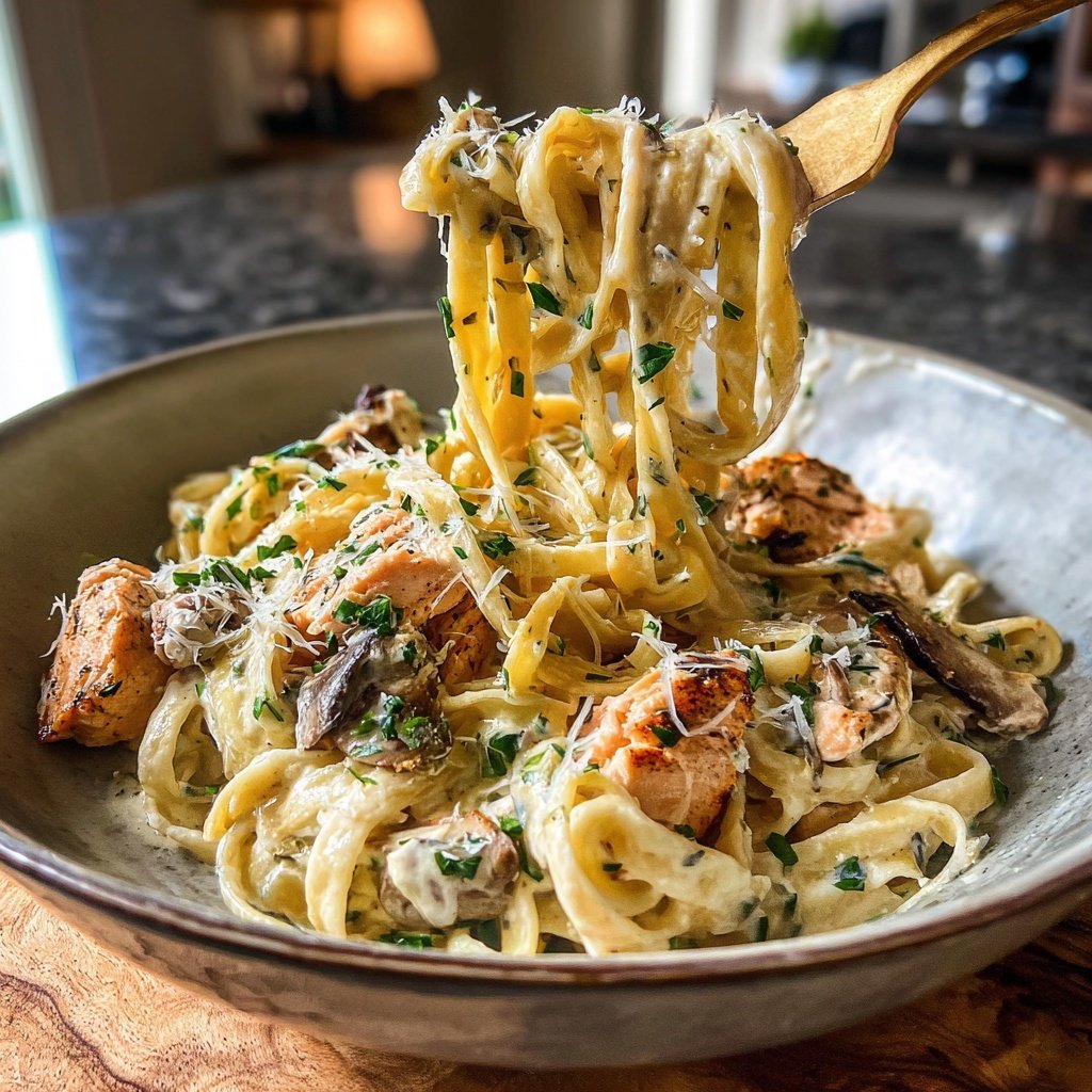 Creamy Mushroom Salmon Tagliatelle